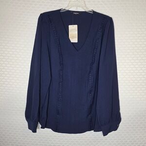 Fashion Navy Blue V-Neck Lace Trim Blouse Long Sleeve Top XL NWT